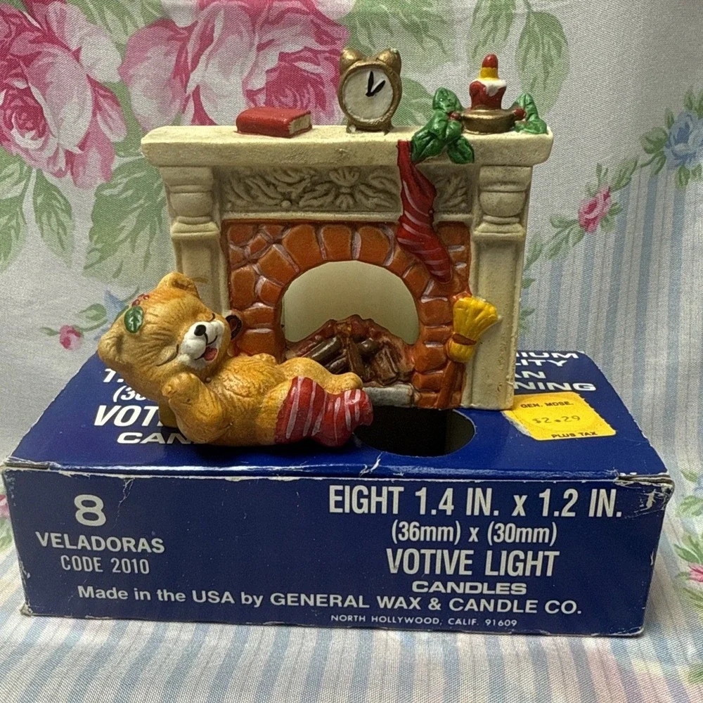 Christmas Votive Teddy‎ Bear Sleeping by Fireplace Ceramic Hand painted/candles